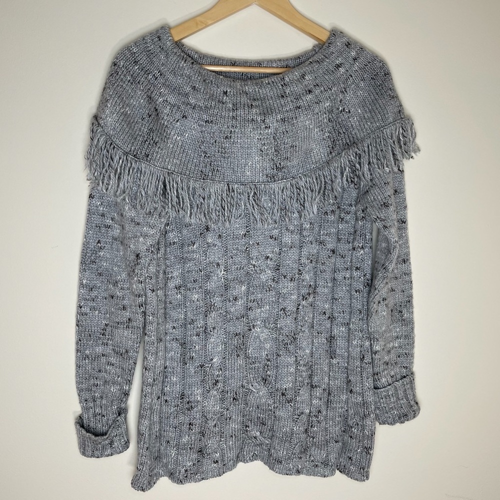 Dress Barn | Gray Fringed Cable Knit Pullover Sweater | Large